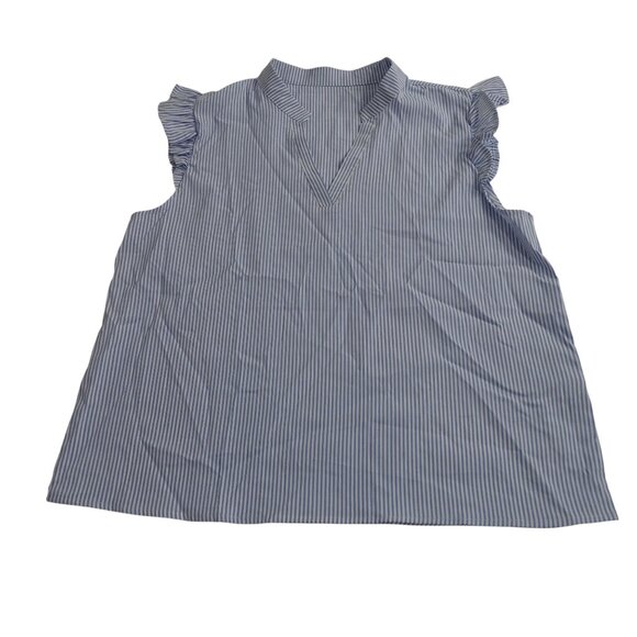 Blue and White Striped V-neck Ruffle Sleeveless Blouse Top Shirt Women Size XL L - Picture 1 of 8